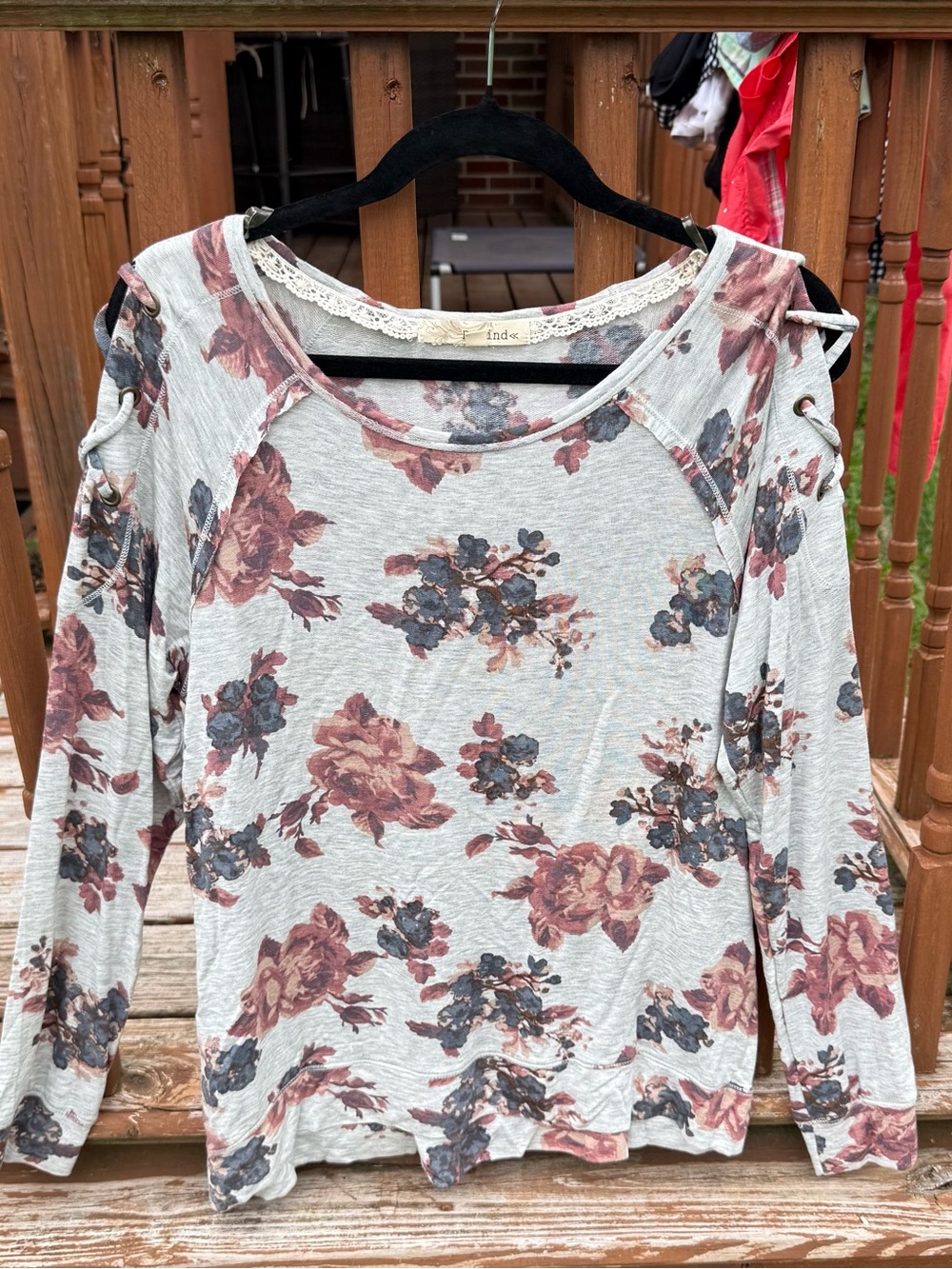Rewind Floral Lace-Trim Long Sleeve Top - Size Large